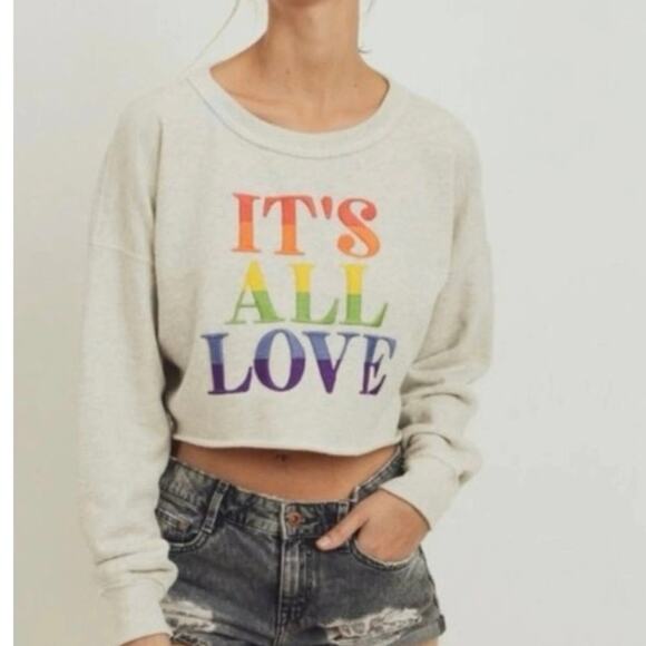 Abercrombie and Fitch Cropped Sweatshirt S Its All Love Gray Embroidered Rainbow - Picture 2 of 9